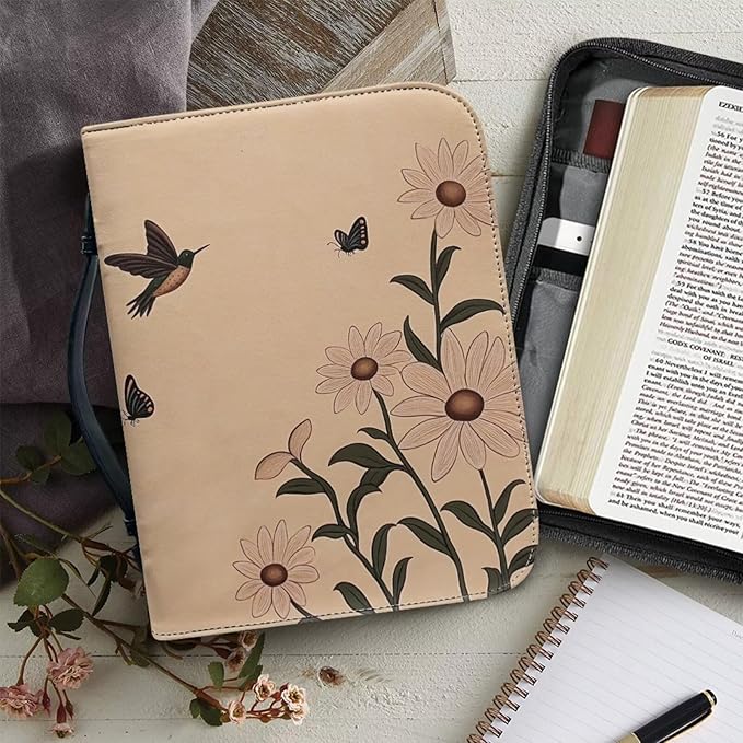 Leather Large Bible Cover with Bookmark，Carrying Book Case Church Bag Bible Protective w/Pen Slots and Zippered Pocket,Gift for Women,Daisy Bird,X-Large
