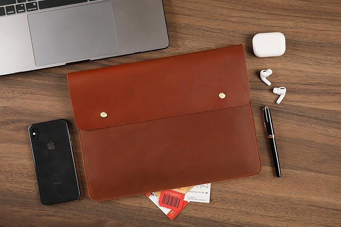 Leather Tablet Sleeve - 12.9 Inch iPad Sleeve, Document Holder Folio File Holder, Genuine Leather Laptop Sleeve Case for Protection and Style-Brown-Custom