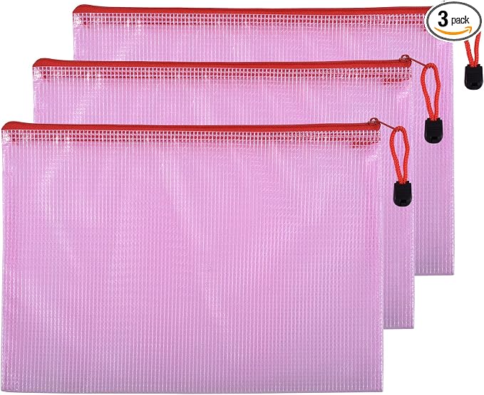 3 Pcs 11.42" x 8.27" B5 Sizes Mesh Zipper Pouch Bags, Mesh Bags with Zipper，Waterproof Clear Document Pouch for Organization Puzzles Travel, Office, Classroom Organization, B5 Red