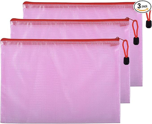 3 Pcs 13.39" x 9.45" A4 Sizes Mesh Zipper Pouch Bags, Mesh Bags with Zipper，Waterproof Clear Document Pouch for Organization Puzzles Travel, Office, Classroom Organization, A4 Red