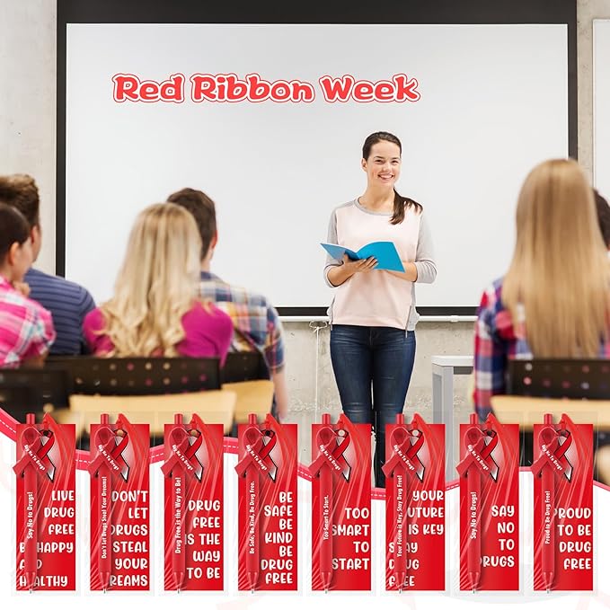 Eersida 24 Sets Red Ribbon Week Gift Supplies Say No to Drug Awareness Pens with Drug Free Bookmark Inspirational Red Ribbon Awareness Gift for Student School Charity Events Party Supplies