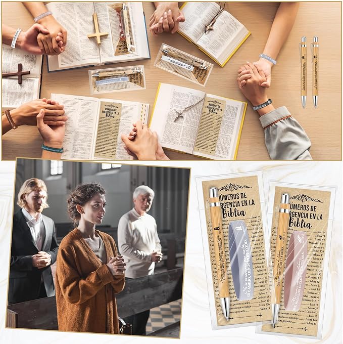 Feifeiya 75 Pcs Fathers Day Christian Gifts Bulk Christian Church Gifts with Bible Verse Pen Religious Silicone Wristband Bookmark for Mom Pastor Teacher Coworker Nurse(Simple Color,Spanish Style)
