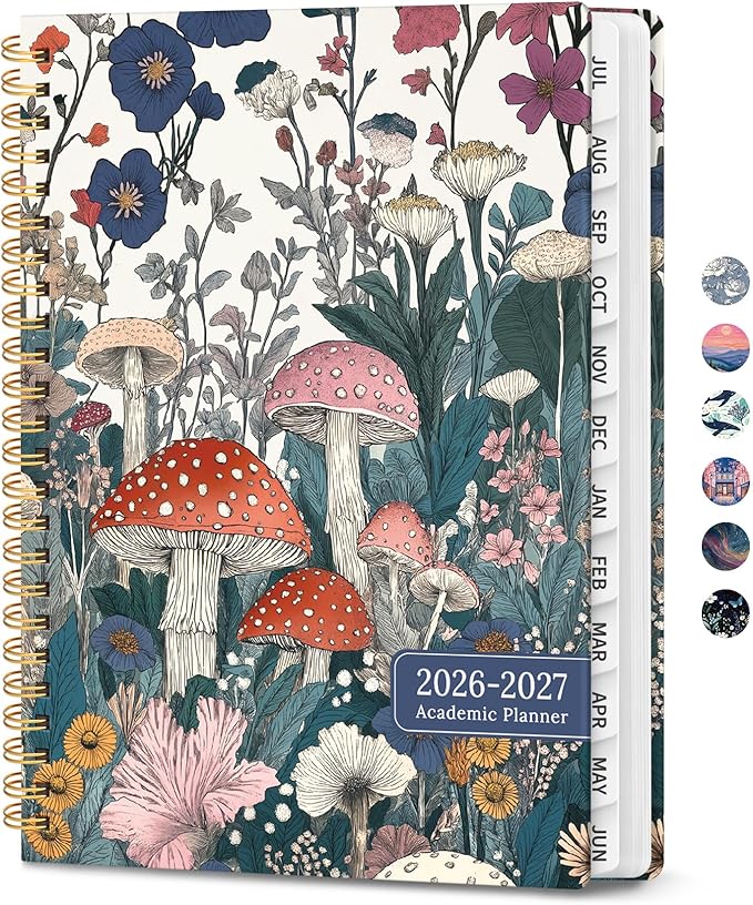 2026–2027 Academic Planner, Weekly and Monthly Planner for Women, July 2026 - June 2027, Pretty Hardcover 2026–2027 Academic Planner with Tabs, Inner Pocket, Spiral Bound, Perfect Office Home School Supplies - 6.3" x 8.5", Vivid Mushroom