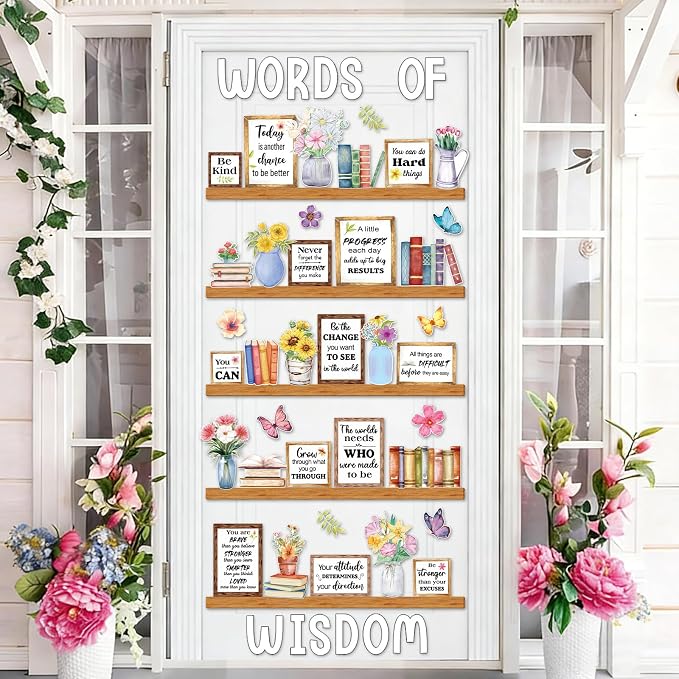 Flower Words of Wisdom Bulletin Board Classroom Decoration Summer Themed Floral Paper Cutouts Flowers Motivational Door Wall Stickers for Classroom School Wall Window Educational Learning Activities