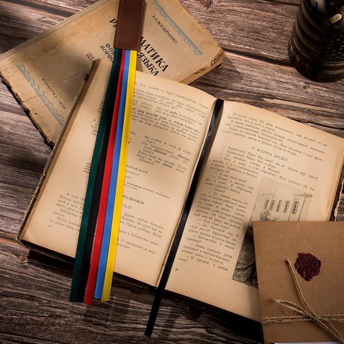 Chinco 4 Pieces Bible Ribbon Bookmark Colorful Ribbon Bookmark Artificial Leather Ribbons Bookmarks Page Markers with 5 Ribbons Colors for Books Novel Bible Reading Lovers Students Teachers Gift