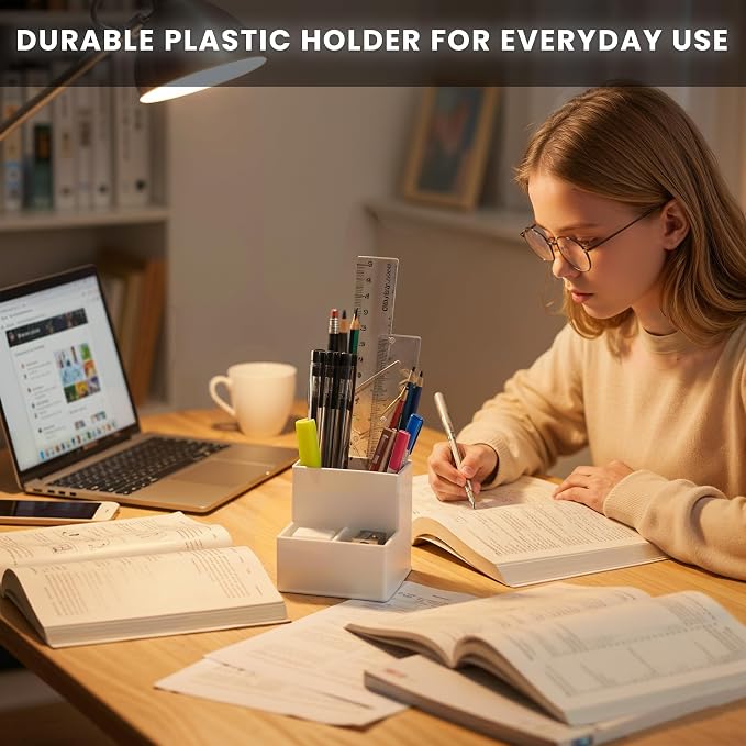 White Pencil Holder for Desk | 3 Compartment Organizer Square Pencil Holder | Sharp and Dull Pencil Holders for Office, Meeting Room, Reception | Office Desk Accessories Organization and Storage