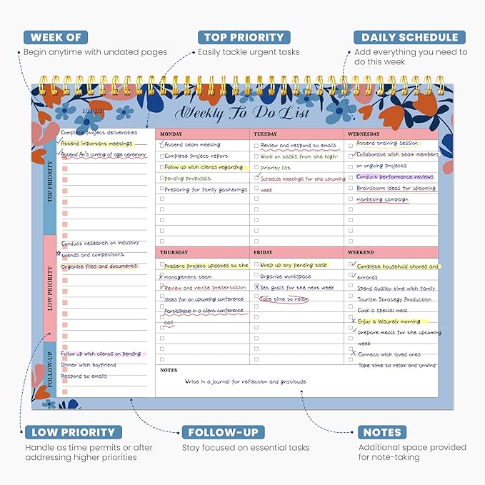 Weekly To Do List Notepad with 52 Undated Sheets（8.5"×11"）- Undated Weekly Planner Notepad for Office Desk Accessories and Supplies - Frosted Coral