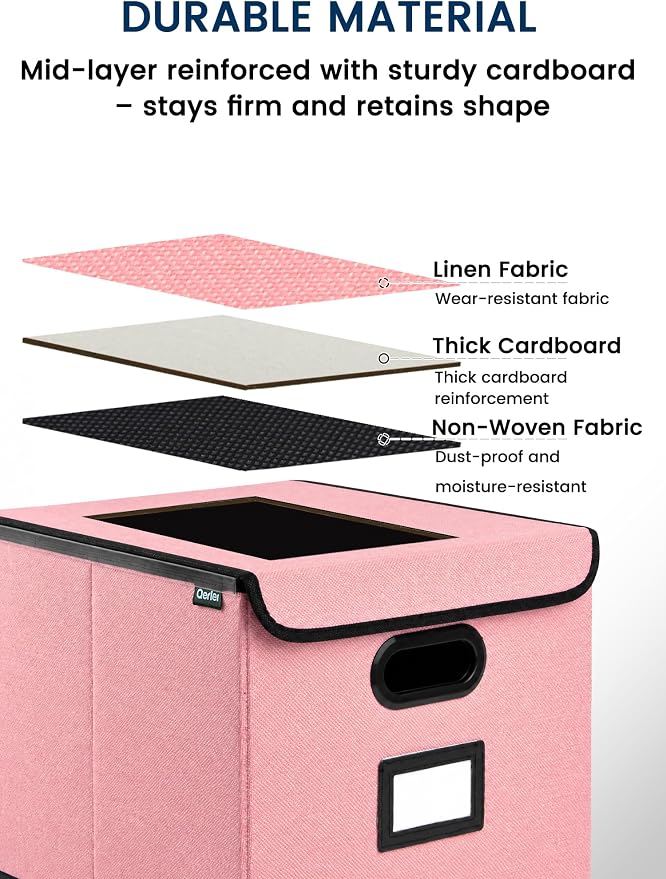 Qerlei File Organizer Boxes with Lids,Collapsible File Folder Organizer with Plastic Slide,Collapsible Filing & Storage Boxes for Office/Decor/Home (Pink, 1 Pack)