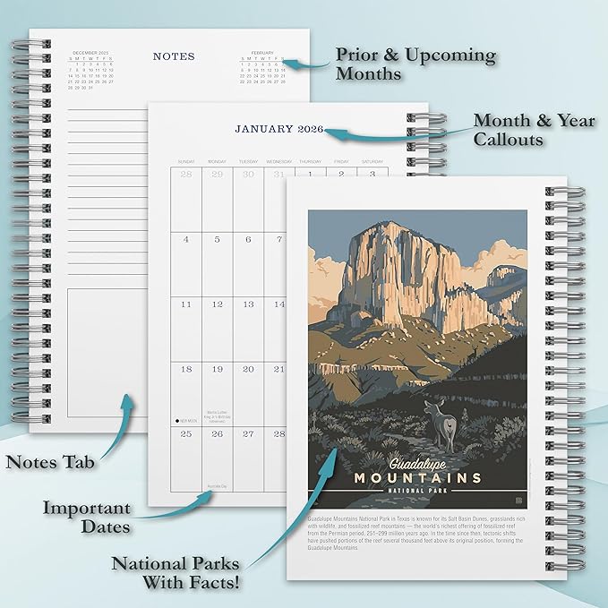 Illustrated National Parks 2026 Weekly & Monthly Planner, 12-Month Engagement Calendar with Vintage Travel Poster Art, Scenic National Park Illustrations, 2026, 6" x 9"