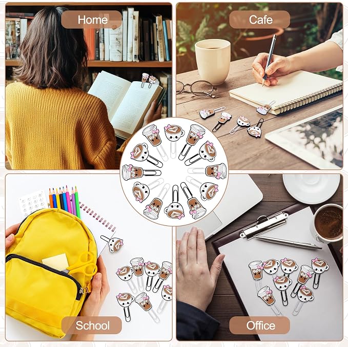 12 Pcs Coffee Cup Shape Paper Clips Funny Cute Paperclips Bookmarks Planner Clips Back to School Teacher Appreciation Gift Supplies for Employee Office Supplies Stationery Gifts Essentials