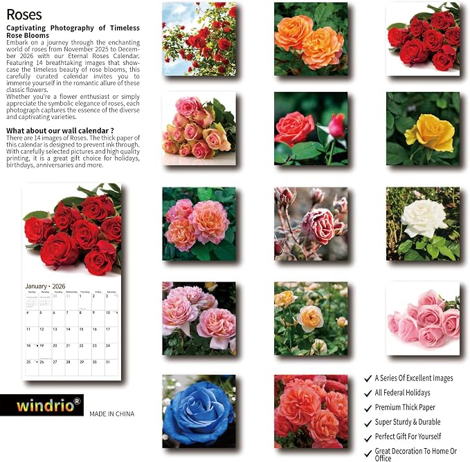 2026 Wall Calendar,Calendar 2026, November 2025 - December 2026, Wall Calendar Roses, 12" x 24" Opened,Full Page Months Thick & Sturdy Paper for Calendar Organizing & Planning
