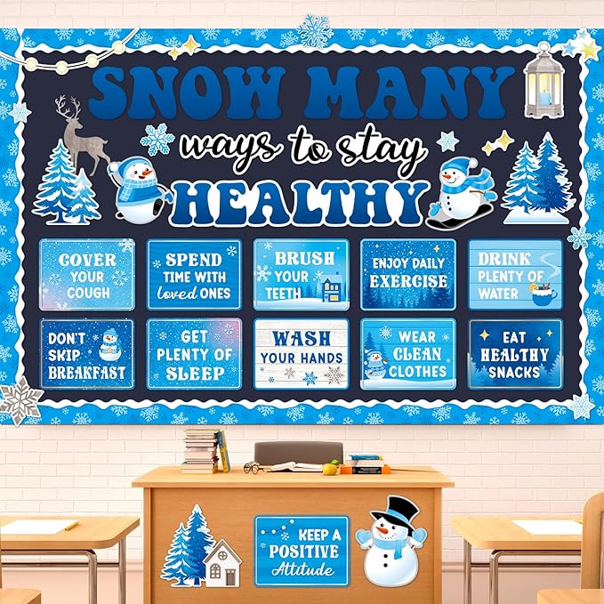 Ctosree 60 Pcs Winter Healthy Bulletin Board Decorations Set Good Habits Poster Snowman Snowflake Good Habits Cutouts for Winter Teacher Classroom School Office Chalkboard Wall Supply