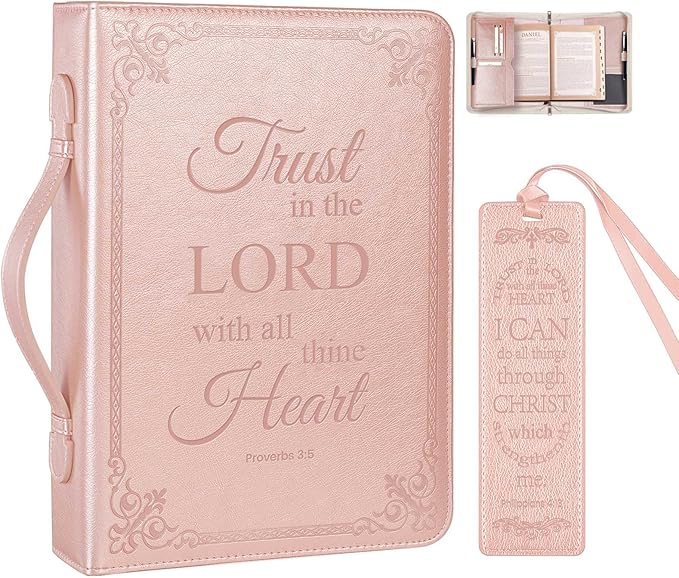 Large Bible Cover Case for Men Women, Mens Bible Covers Cases Leather Bible Cover Carrying Case for Women Men with Handle Zippered Bible Book Cover Holder Bag Case(Rose Gold, L)