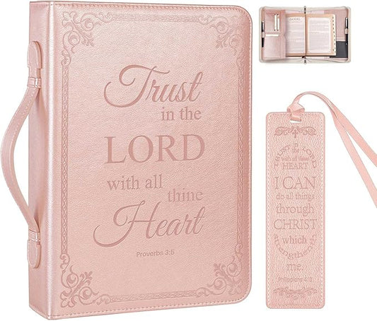 Large Bible Cover Case for Men Women, Mens Bible Covers Cases Leather Bible Cover Carrying Case for Women Men with Handle Zippered Bible Book Cover Holder Bag Case(Rose Gold, L)