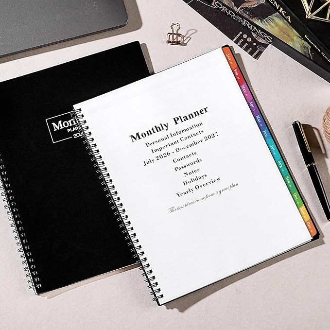 Monthly Planner 2026-2027 - Academic Planner 2026-2027, JUL. 2026 - DEC. 2027, Calendar planner with Colorful Tabs, 8.5" x 11", 26-27 Monthly planner/Calendar with Pocket, Thick Paper, Twin-Wire Binding - Black