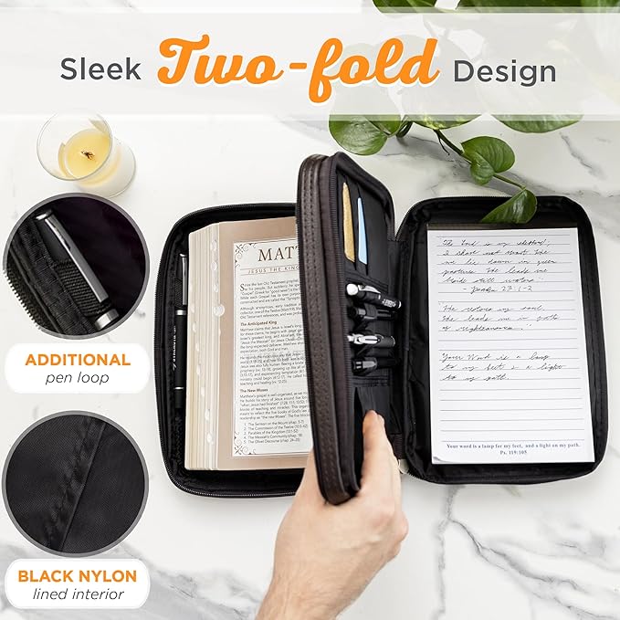 Christian Art Gifts Faux Leather Bible Cover for Men and Women | Ichthus Jesus Fish Emblem Zippered Two-Fold Organizer Case for Bible or Book w/Handle