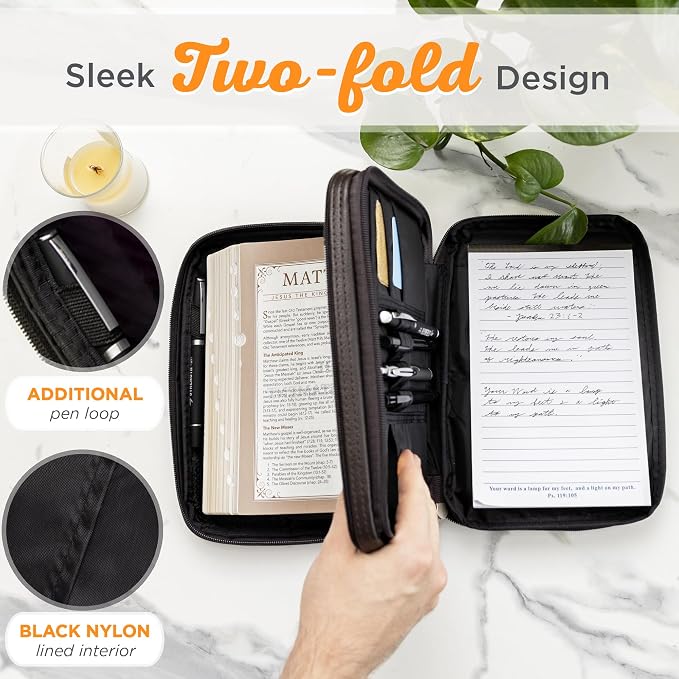 Christian Art Gifts Faux Leather Bible Cover for Men and Women | Ichthus Jesus Fish Emblem Zippered Two-Fold Organizer Case for Bible or Book w/Handle