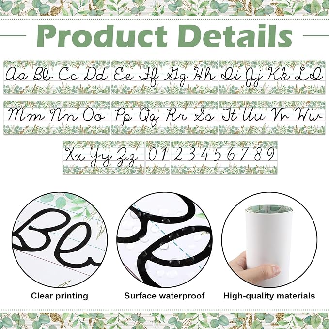 Set of 9 Cursive Writing Bulletin Board Cursive Alphabet Wall Strip for Teacher Supplies, Classroom Teaching Tool, Homeschooling, Kids Education (Eucalyptus)
