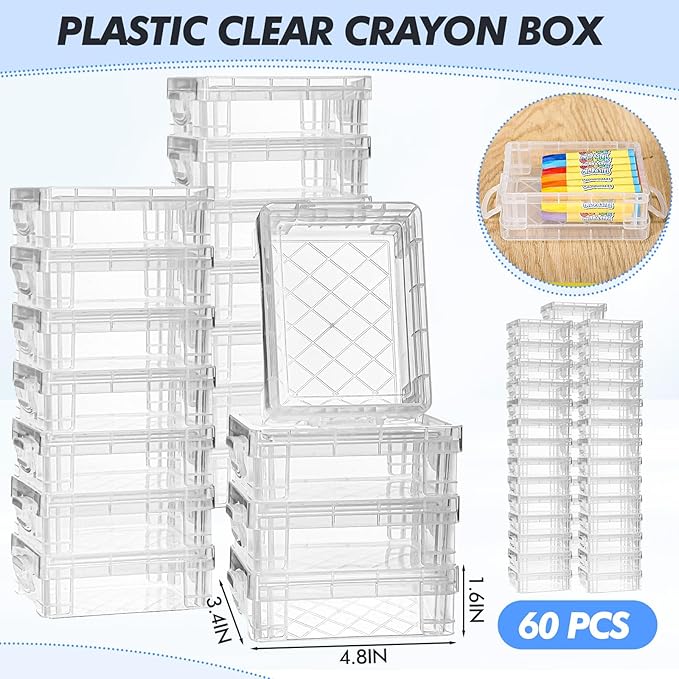 Suzile 60 Pcs Plastic Crayon Boxes with Snap Lids Clear Crayon Organizers and Storage Container, Bulk Stackable Pen Pencil Case for Art Crafts Classroom Office(Clear)