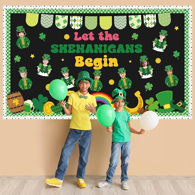 St. Patrick's Day Bulletin Board Decorations Set Leprechaun DIY Photo Craft Cutouts Green Lucky Shamrock Rainbow Irish Classroom Decoration for Holiday Party School Home Office Chalkboard Wall Decor