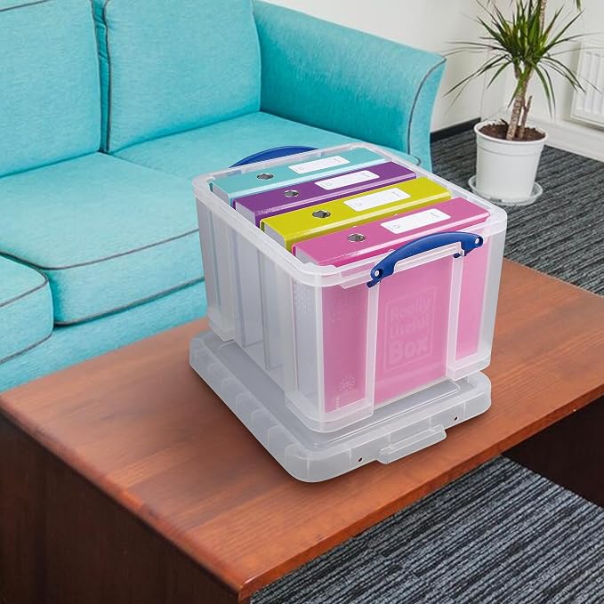 Really Useful Box 32 Liters Storage Bin Container with Snap Lid and Clip Lock Handles for Lidded Home and Office Storage Organization, 6 Pack