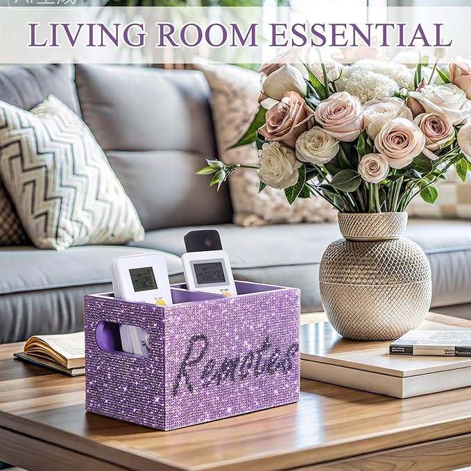 MotiMind Bling Rhinestone Remote Control Holder Crushed Diamond 2 Compartment Decorative TV Remote Caddy Organizer Storage Box Table Nightstand with and Label, Sparkly Gifts for Christmas (Purple)