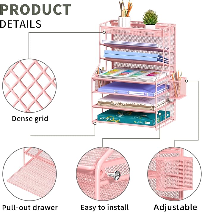 Pink 7 Tier Desk File Organizer, Letter Tray Paper Organizer with Pen Holder and Metal Hanging Basket, Adjustable Vertical Desk Organizer for Office Desk Accessories