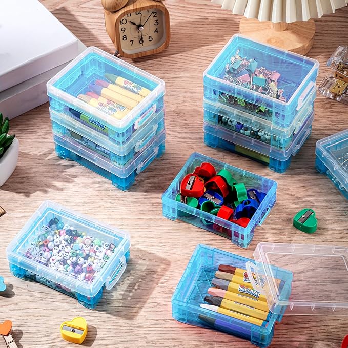 Suzile 40 Pcs Plastic Crayon Boxes Holds 24 Crayon with Snap Lid Storage Container Clear Stackable Case for School Office Classroom Supplies Pen Pencil Craft(Blue)