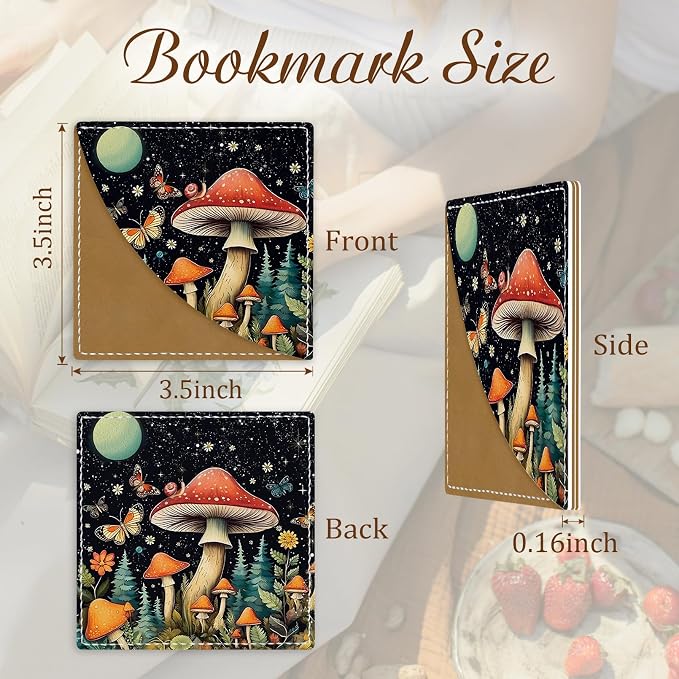 Icycay Cute Mushroom Corner Bookmarks, Leather Book Accessories for Book Lovers, 3 Pcs Reading Book Page Markers for Women Men Student Teacher Girls Boys Kids Retirement Birthday Gifts