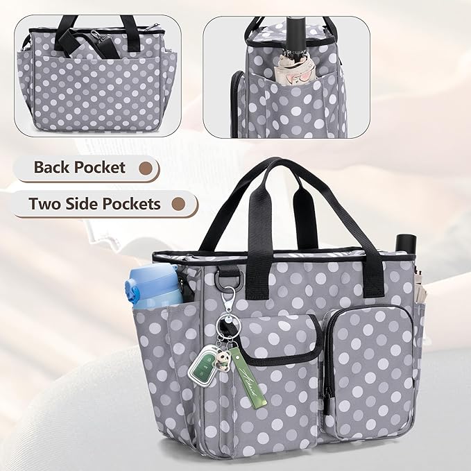 LUXJA Large Bible Bag with Water Bottle Pocket and Shoulder Strap, Bible Tote Bag for Women with Multiple Pockets (Bag Only), Polka Dots