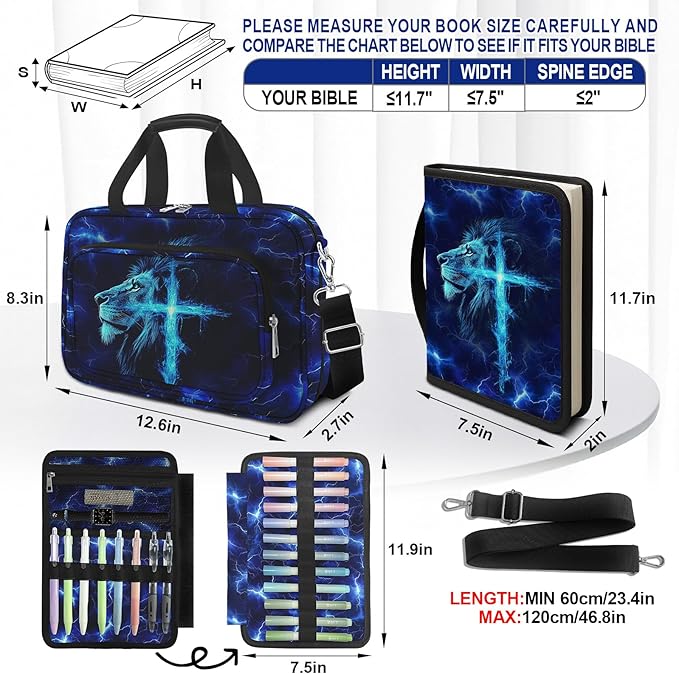 Lion Cross Large Bible Cover Case for Boys with Handle Zipper Pocket, Bible Study Supplies Journaling Kit Book Carrying Case with Pens Highlighters Cross Clips, Christian Gifts for Men Blue