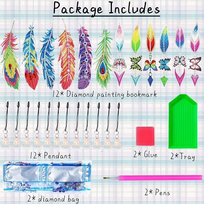 12 Pcs Feather Diamond Painting Bookmarks, Diamond Art Bookmarks with Pendant, Diamond Art Painting Kits for Beginners Adults DIY Art Craft Gifts Book Decors