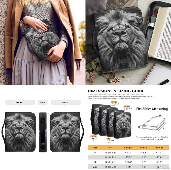 Lotusorchid Lion Print Bible Tote Bags for Women Bible Case with Matched Book Marks for Men, PU Leather Bible Cover Bible Bags Christian Bible Study Accessories, Black