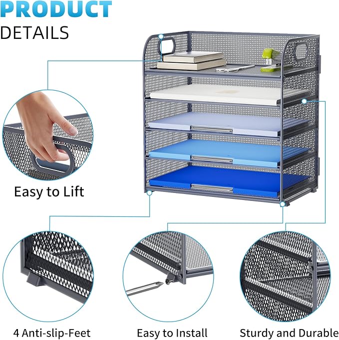 Marbrasse 5 Tier Paper Organizer Letter Tray, Mesh Desk File Organizer with Handle, Paper Sorter Desk Organizer for Home Office Supplies - Grey