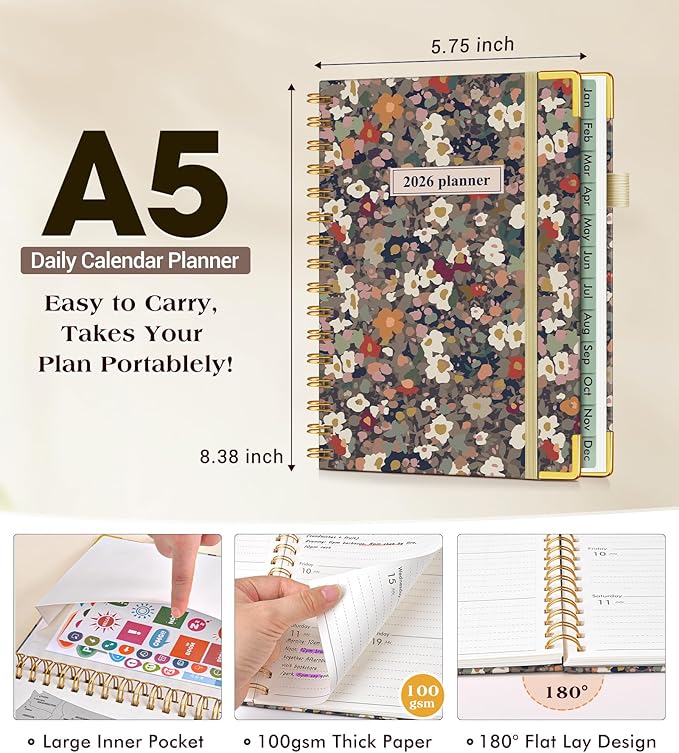 2026 Planner, Hardcover Weekly and Monthly Planner for Women, January 2026 - December 2026, Spiral Yearly Agenda Organizer Book 2026 with Tabs, Daily Calendar Planners for School Work Home, A5 (5.75" x 8.38"), Petals