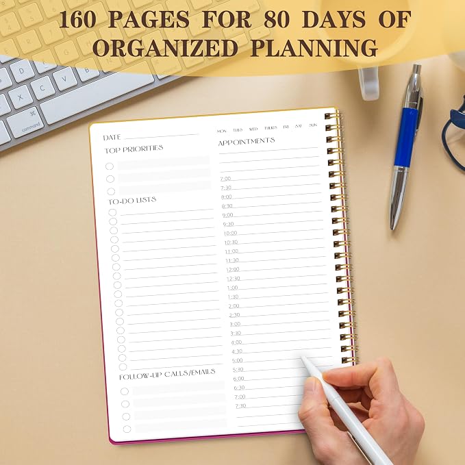 Undated Daily Planner Notebook, 80-Day To Do List Organizer with Hourly Schedule, Day on a Page Agenda Journal for Work, Life Tasks, Women and Men