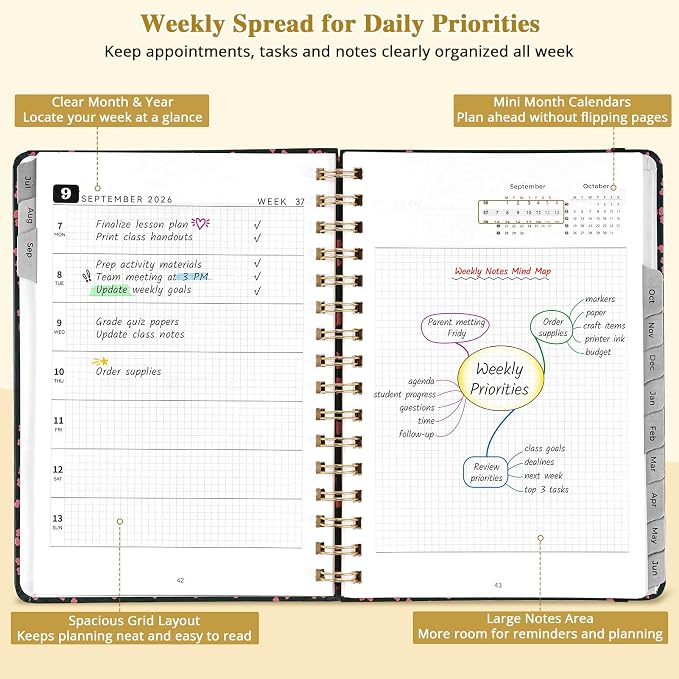 JoyCat Academic Planner 2026-2027, July 2026 - June 2027, A5 Weekly & Monthly Planner, Hardcover Agenda with Tabs, 5 Sticker Sheets, Elastic Closure & Pocket for Teachers & Students, 6.3" x 8.5", Midnight Garden