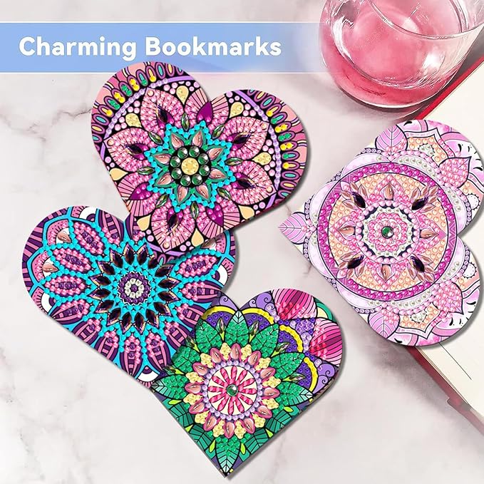 12 Pcs Diamond Painting Bookmark, DIY Corner Book Makers for Adults Book Lovers, Diamond Dot Art Beginners, Small Diamond Art Kits, Paint by Art Crafts Gift for Women Girls (Heart Mandala)