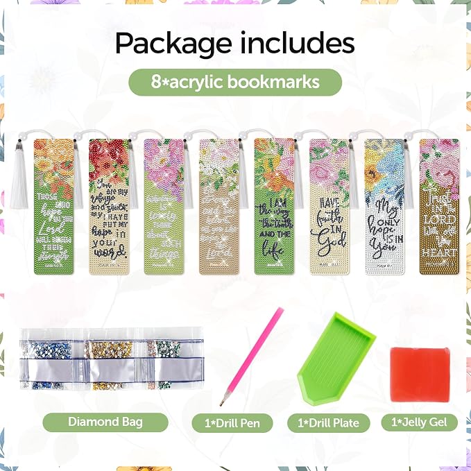 8 Pieces Christian Bible Verse Diamond Art Bookmarks 5d Christian Beaded Bookmark Acrylic Tassel Bookmark for DIY Making Beginners Adults Arts Craft Supplies (Floral Christian)