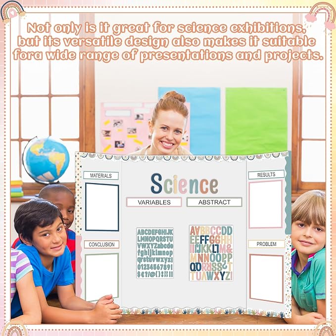 129Pcs Boho Science Fair Board Supplies Includes Self Adhesive Science Fair Project Titles Subtitles Presentation Bulletin Border Letter Stickers Trim Scalloped Bulletin Borders for Classroom Office
