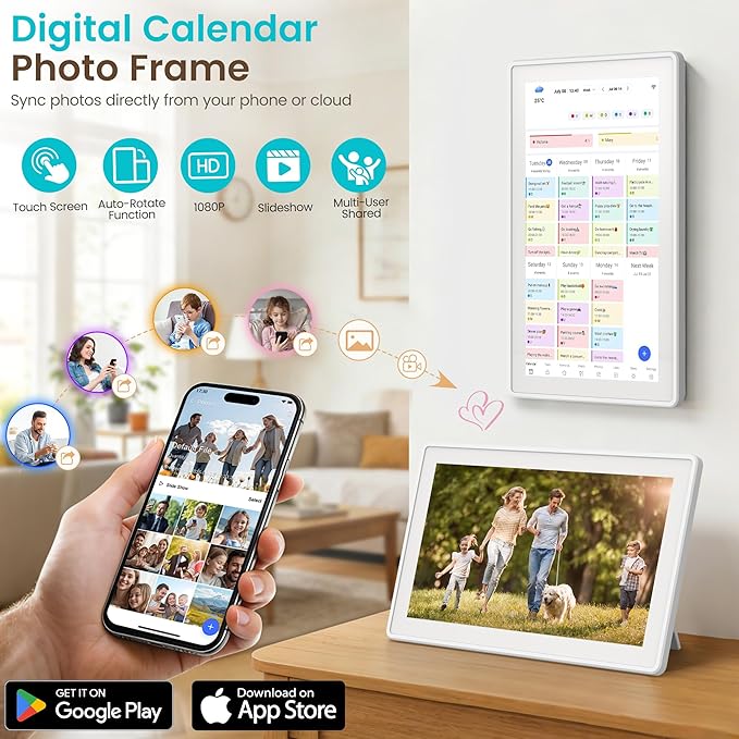 15.6’’ Digital Calendar Frame Wall Touchscreen Electronic Calendar, Smart Family Planner for Schedule, Chore Chart & Meals Task Organizer, Digital Photo Display, Wall & Desk Mountable, White