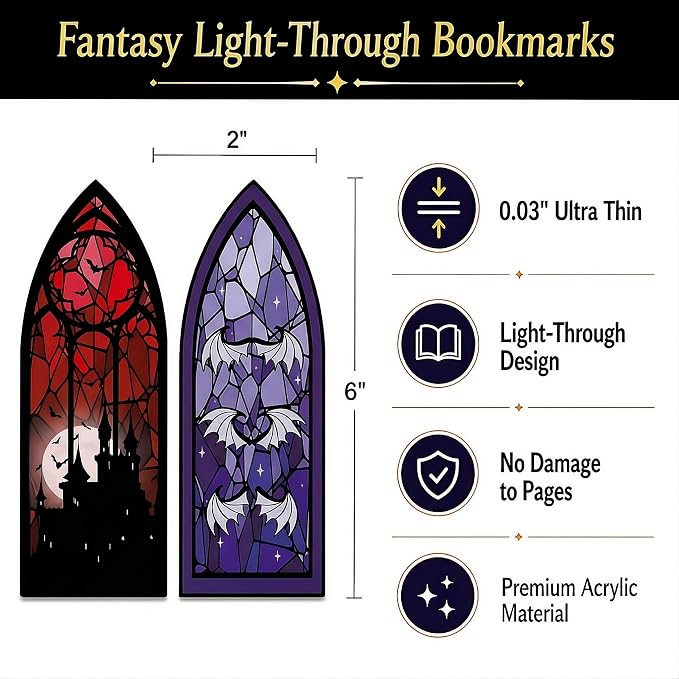 Stained Glass Style Acrylic Bookmarks Set of 2 Fantasy Inspired Transparent Bookmarks Featuring Blood Moon Castle and Shadowwing Designs