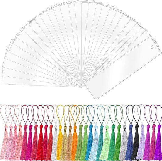 Clear Acrylic Bookmark, BetterJonny 30 Set Plastic Blank Book Page Mark with Colorful Tassels Small Transparent Craft Tags for DIY Classroom Projects and Gift Tag