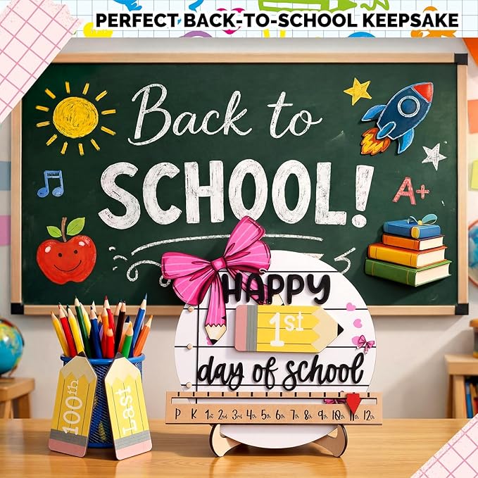 Kosiz First and Last Day of School Sign with Back to School Pink Bow Board Gifts Coquette Wooden First Day Sign Reusable Dry Erase 8''
