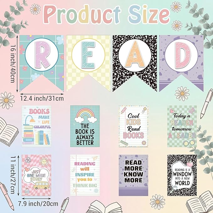 Reading Classroom Decorations Library Posters Bulletin Board Sets for Elementary Classroom Pennants Decor for Back to School Nursery Library Teacher Supplies(Macaron Colors)