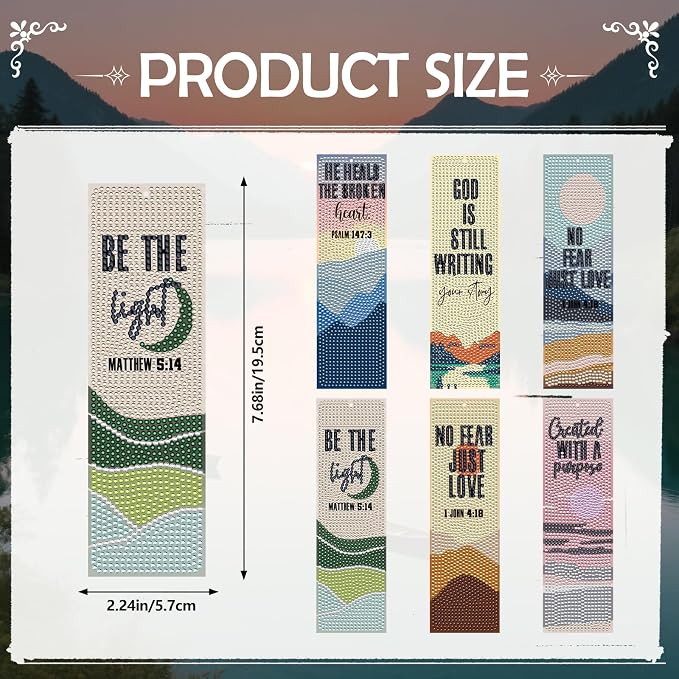 Christian Diamond Art Bookmarks - 6 Pcs DIY Bible Verse Diamond Painting Bookmarks with Mountains Rivers Pattern Religious Gem Art Craft Inspirational Gift for Reading Lovers Beginners