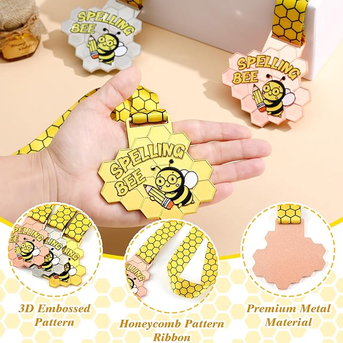 3 Pcs Spelling Bee Medals Honeycomb Gold Silver Bronze Spelling Bee Trophy Awards with Neck Ribbon for Kids Adults Competitions Party Supplies