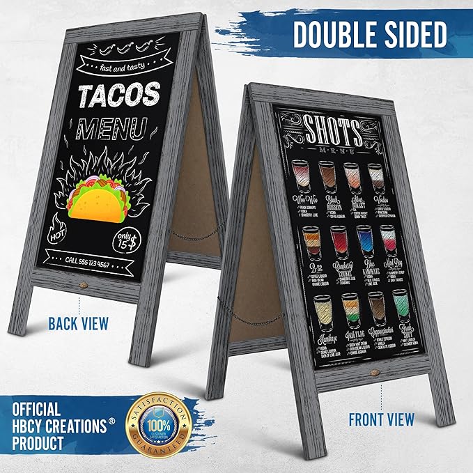 A Frame Chalkboard by HBCY Creations: 40x20 Solid Wood A-Frame Sign Graywash Double-Sided Magnetic Board, Chalkboard Menu Board, for Restaurants, Cafés, Weddings - Heavy Duty Hinges