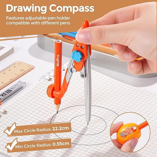 Nicpro 17 PCS Compass Geometry Set for Students, Drafting Tools Math Protractor Compass with Rulers, Mechanical Pencil, Square Set, Box of Protractors Kit for Class Supplies, Back to School Supplies