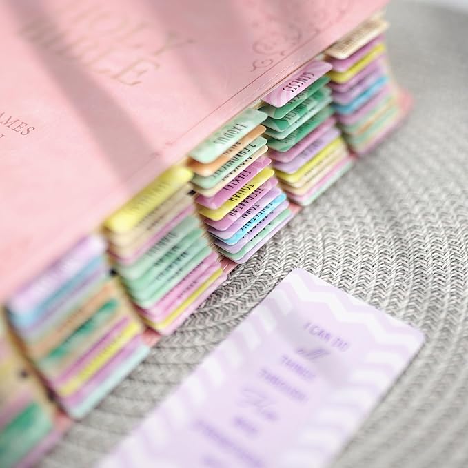 OFFILICIOUS Kawaii Bible Book Tabs – 100 Soft-Touch, Laminated Protestant & Catholic Bible Tabs – Bible Accessories – Durable Tabs for Bible – Bible Tabs Large Print – Pink Bible Tabs for Women